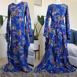 Asian Kimono Sleeve Bird Printed Tie Back Maxi Dress